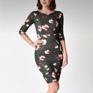 Unique Vintage ModCloth vintage Black Floral elbow Sleeve stretchy Dress.